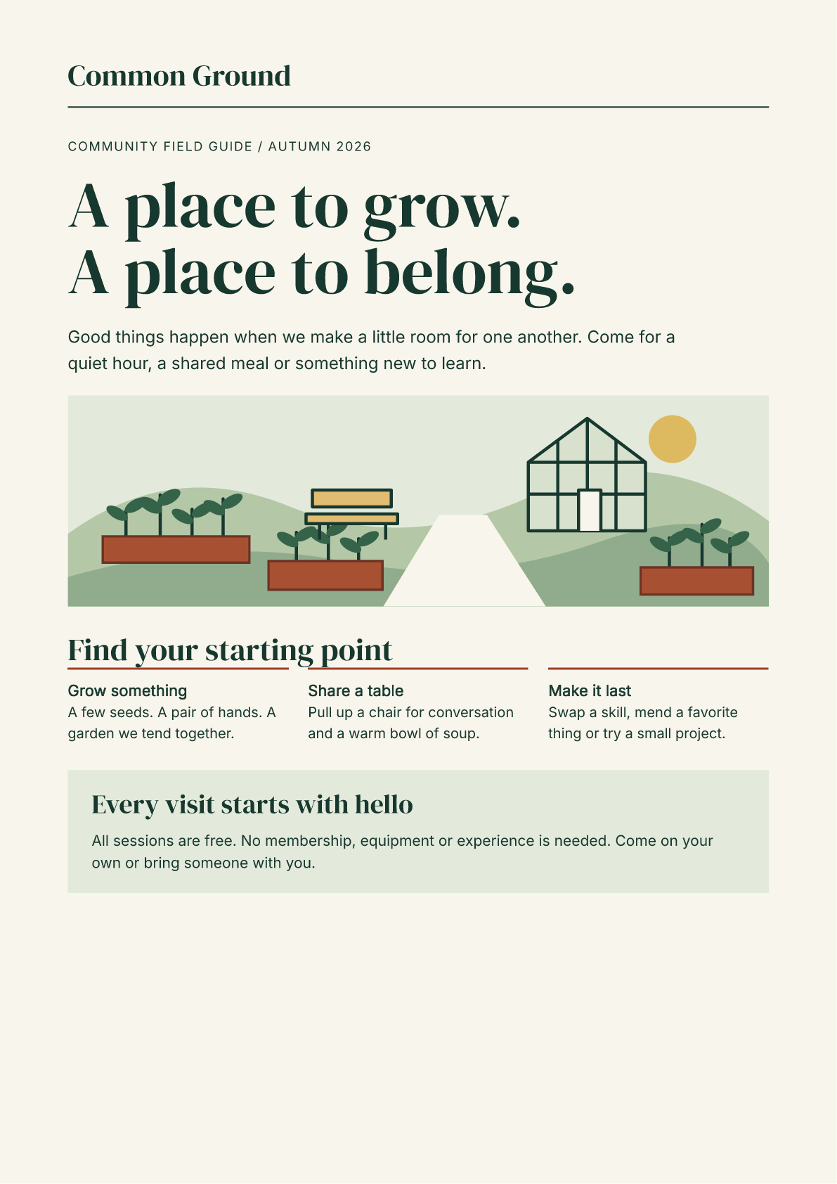 Common Ground guide with an illustrated shared garden, program cards, and forest-green typography
