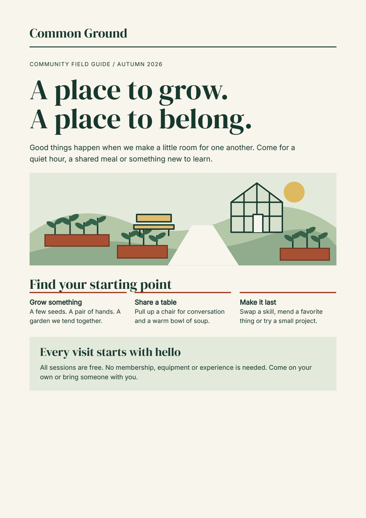 Common Ground cover with forest-green serif typography, an illustrated shared garden, three program cards and a welcoming callout.