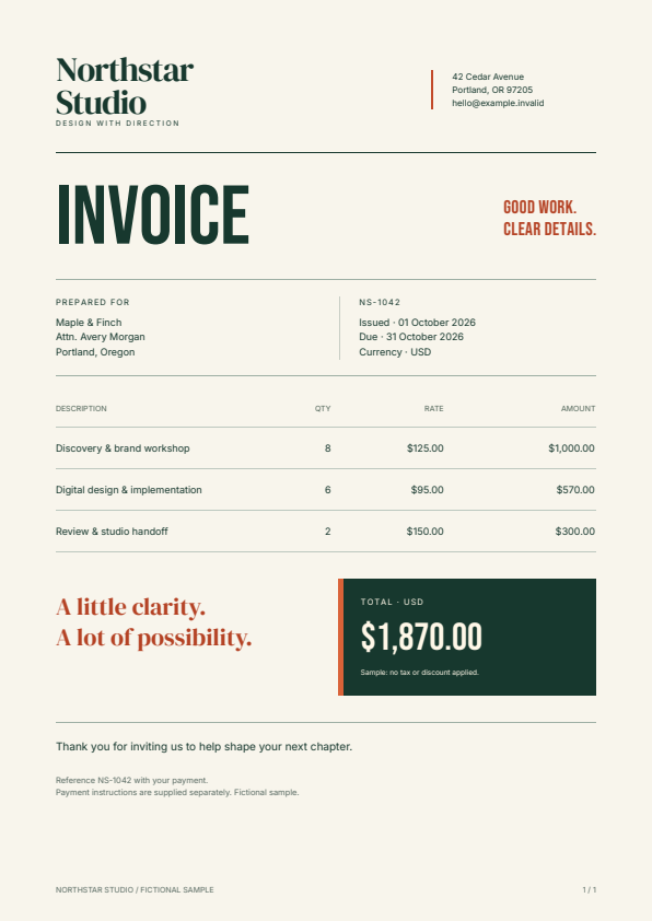 A Northstar Studio invoice with cream paper, editorial typography, itemized prices, and a dark green total panel.