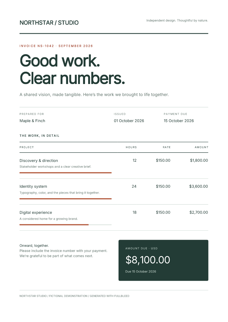 Northstar Studio invoice with forest-green typography, project progress bars and a dark-green total panel.