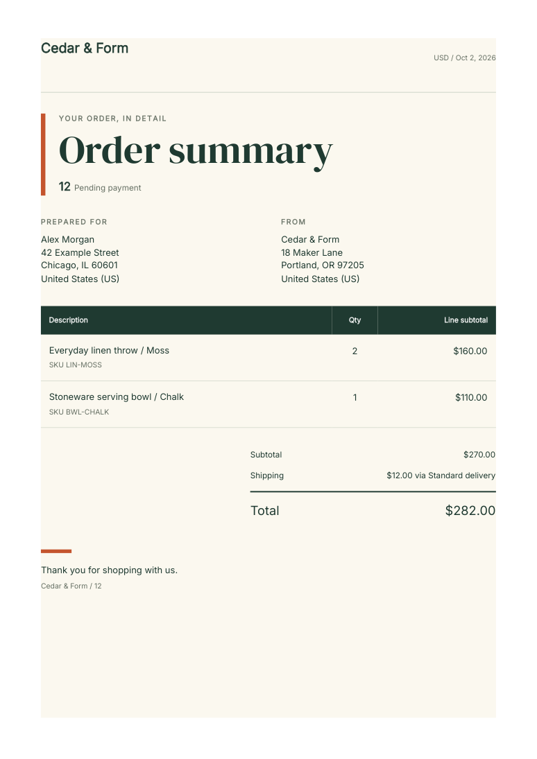 Cedar and Form sample order summary, with serif typography, a cream page and rust-colored rules.