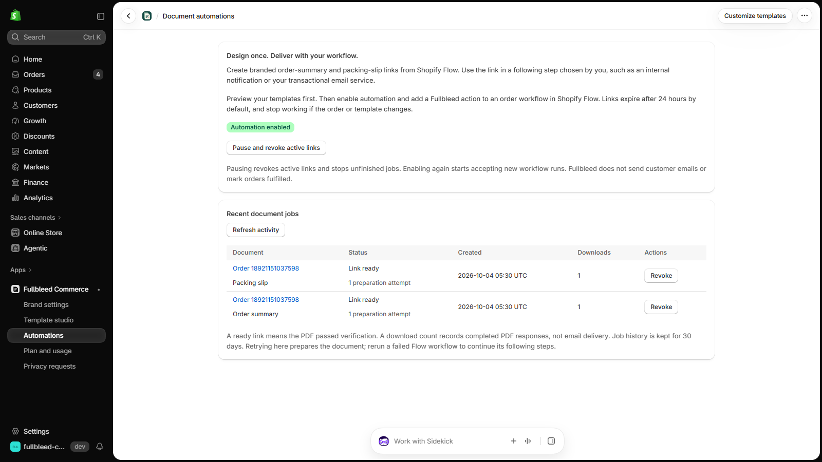 Prepared order-summary and packing-slip jobs in the Fullbleed app