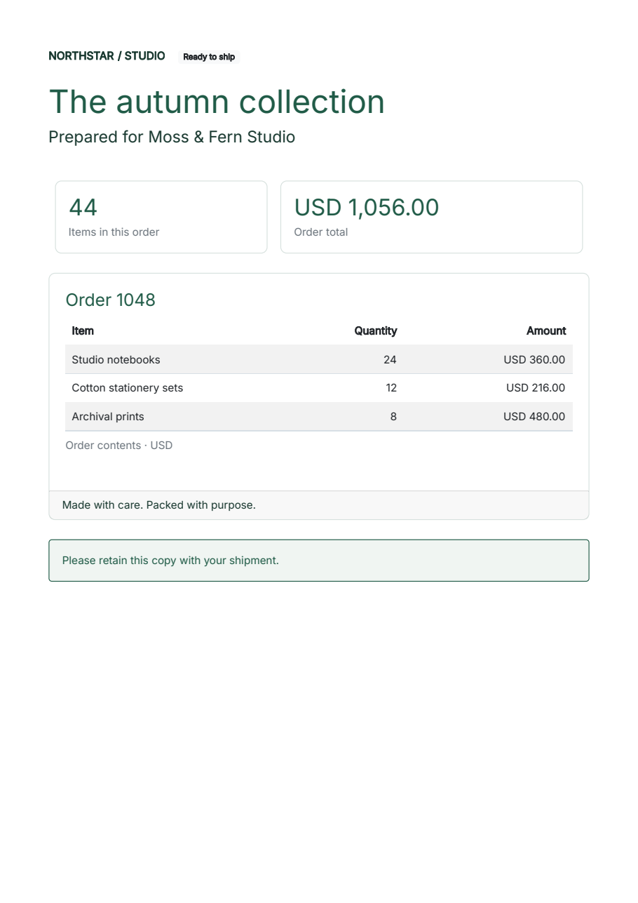 A Northstar order summary with green headings, quantity and total cards, a three-row table and a shipment note.