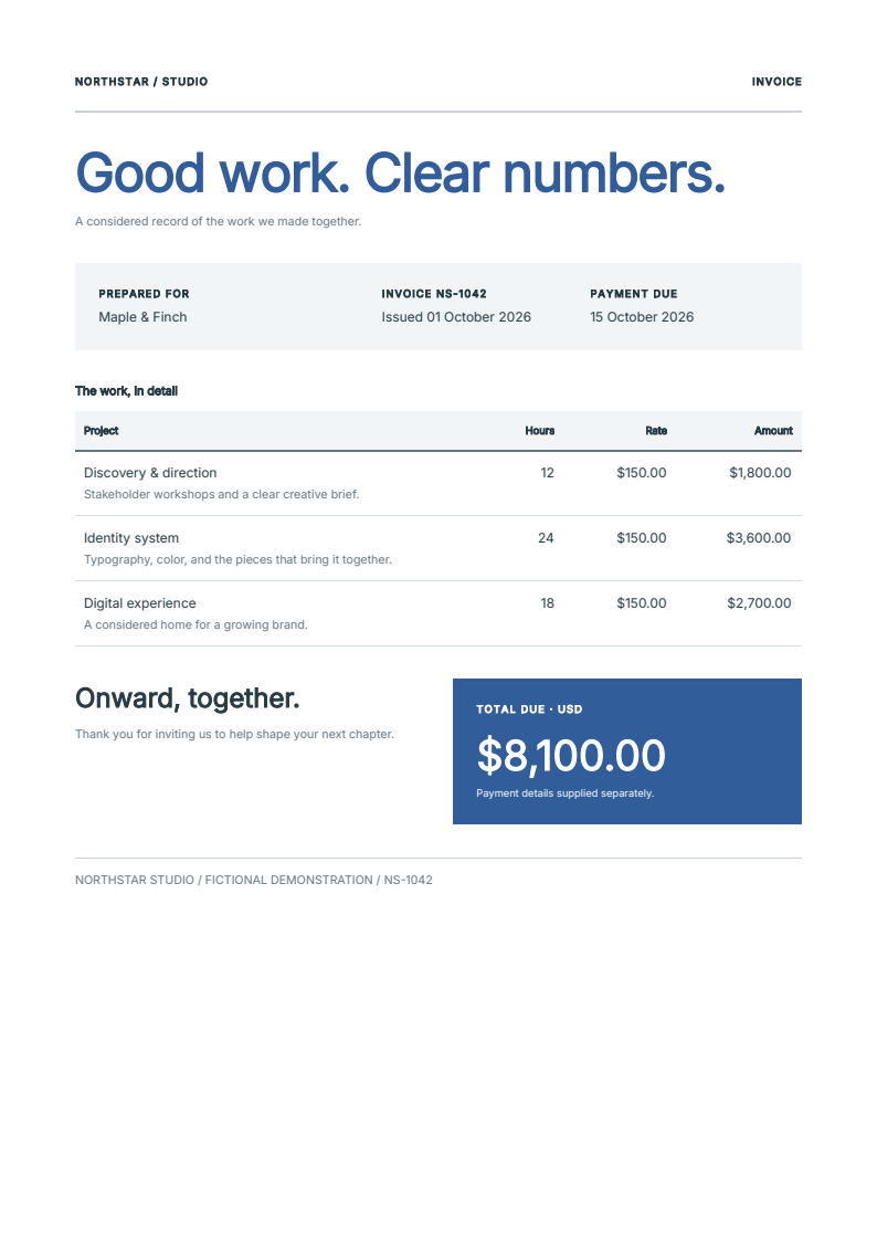 A blue Northstar Studio invoice with customer fields, an itemized work table and a total-due panel.