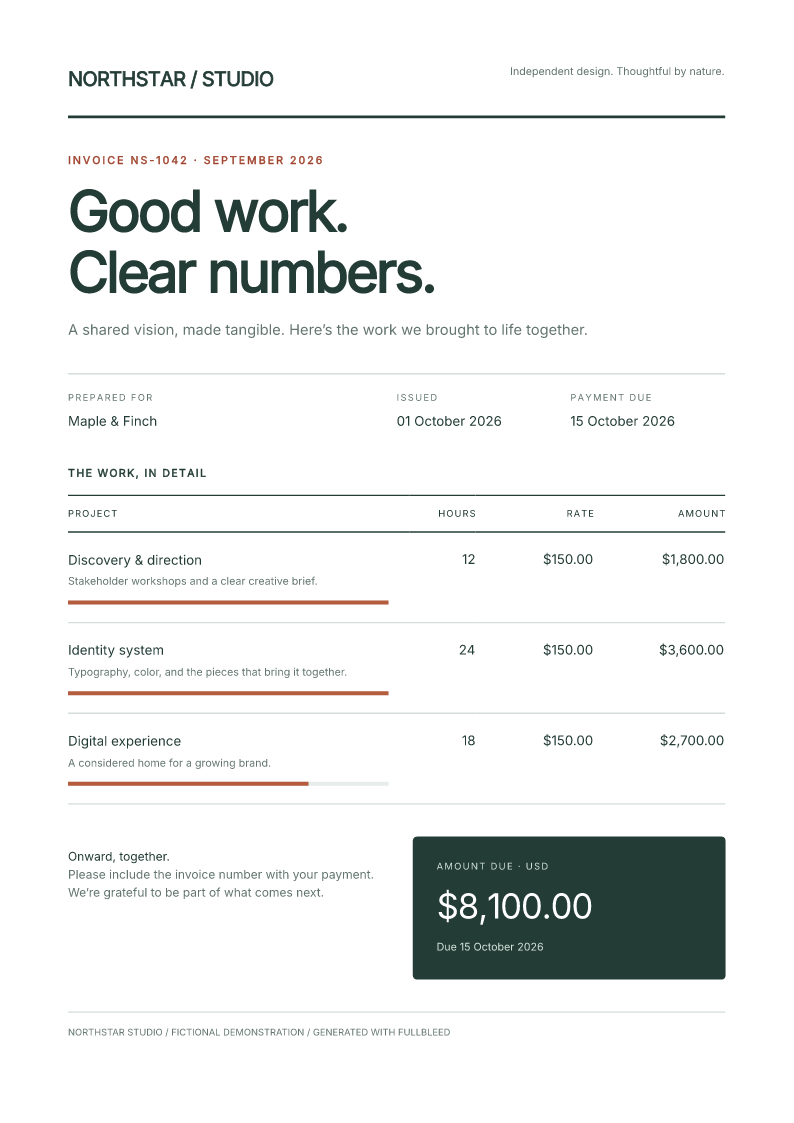 A component-authored invoice with forest-green display type, data-driven rows, progress bars and a total panel.