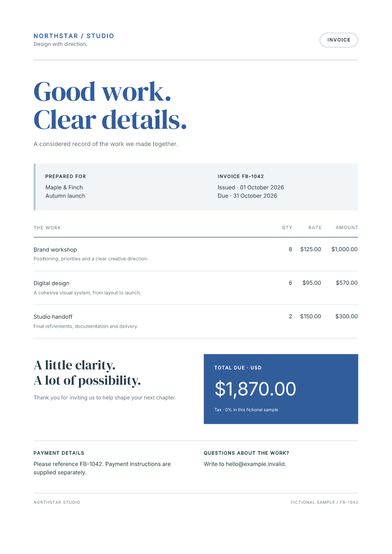 A C# component invoice with blue display typography, reusable detail fields and an amount-due panel.