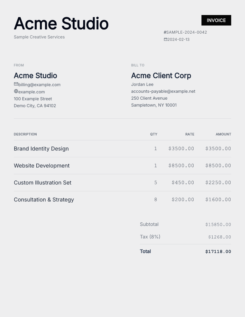 An invoice generated with Fullbleed showing itemized services, amounts, and a total.