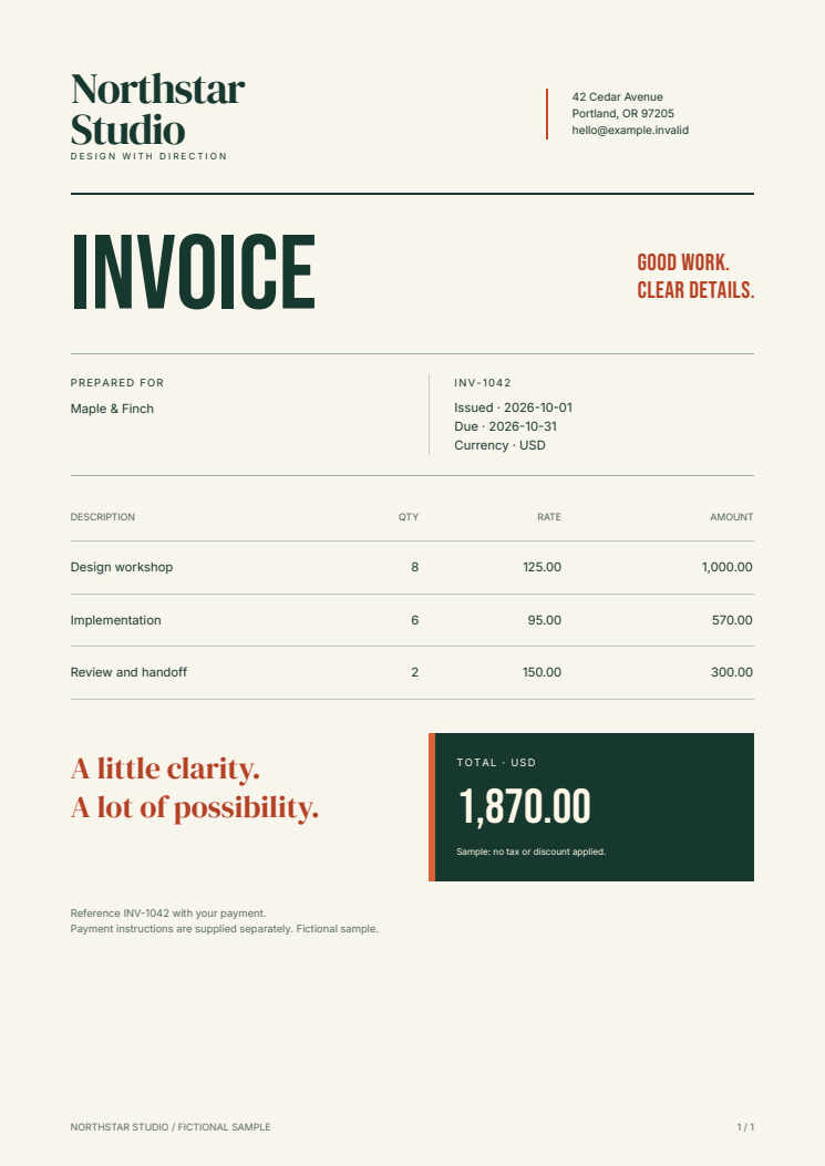 A Northstar Studio invoice with cream paper, green typography, an orange accent, and a total of USD 1,870.00.