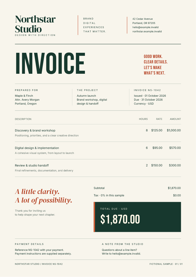 Northstar Studio invoice generated by the Node package, with cream paper, serif typography, a green total panel, and orange accents.