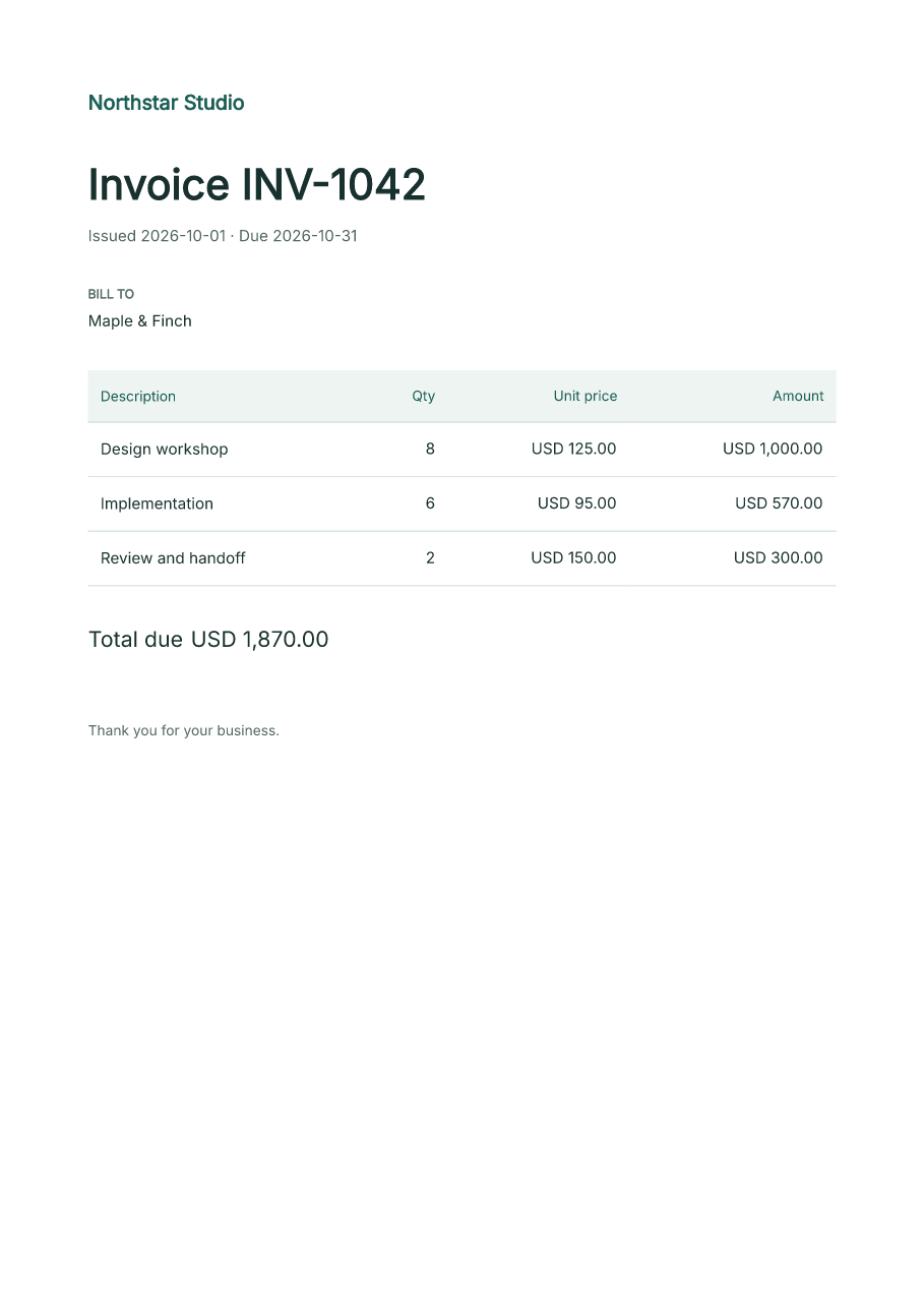 A one-page Northstar Studio invoice with three line items and a total of USD 1,870.00.