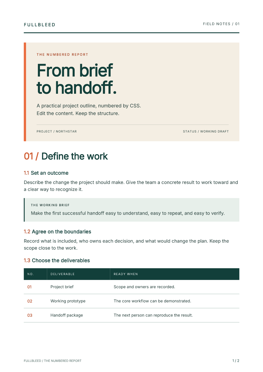Project outline with a cream title panel, oversized green heading, numbered subsections, and a deliverables table.