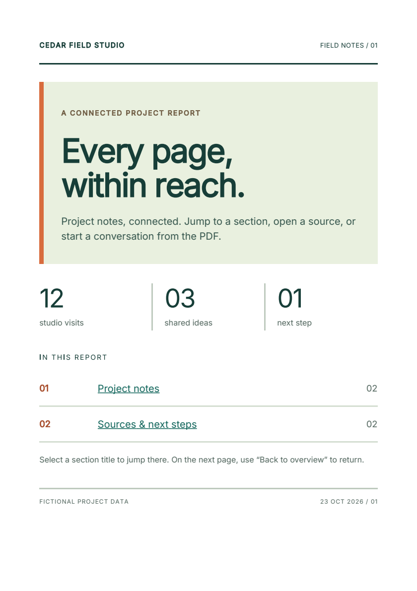 A green and cream Cedar Field Studio report with a project snapshot and linked contents.