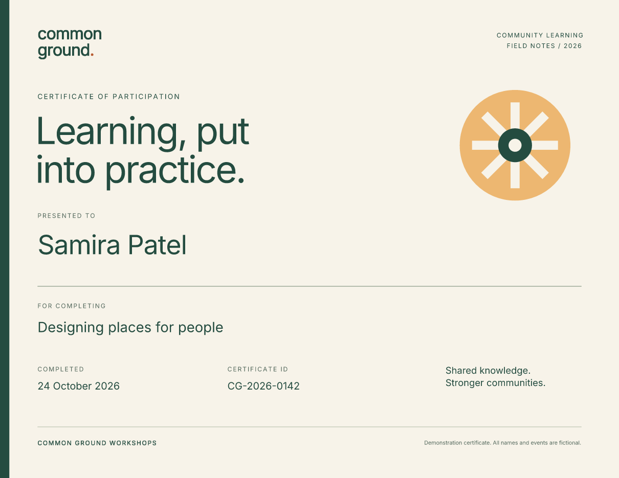 Common Ground certificate with large green typography, a warm orange wheel motif, and personalized recipient and workshop details.