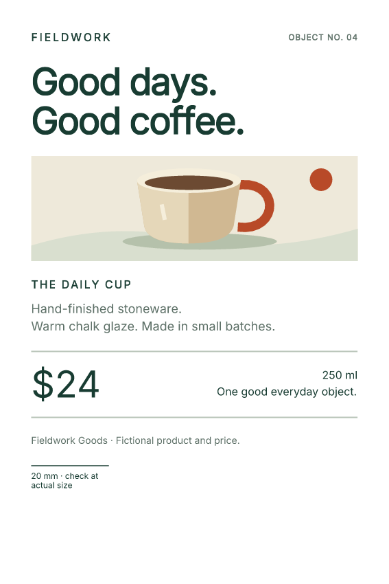 Fieldwork shelf card with large green type, a vector stoneware cup, a fictional price and a 20 mm scale line.
