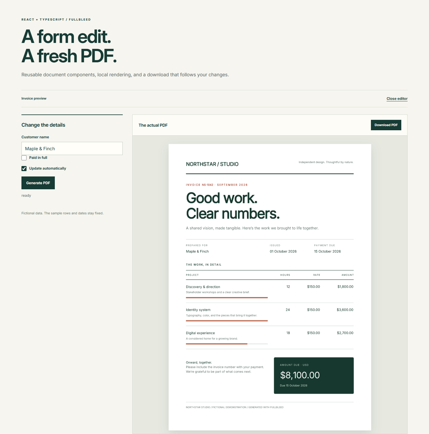 The focused React form beside its generated Northstar invoice.