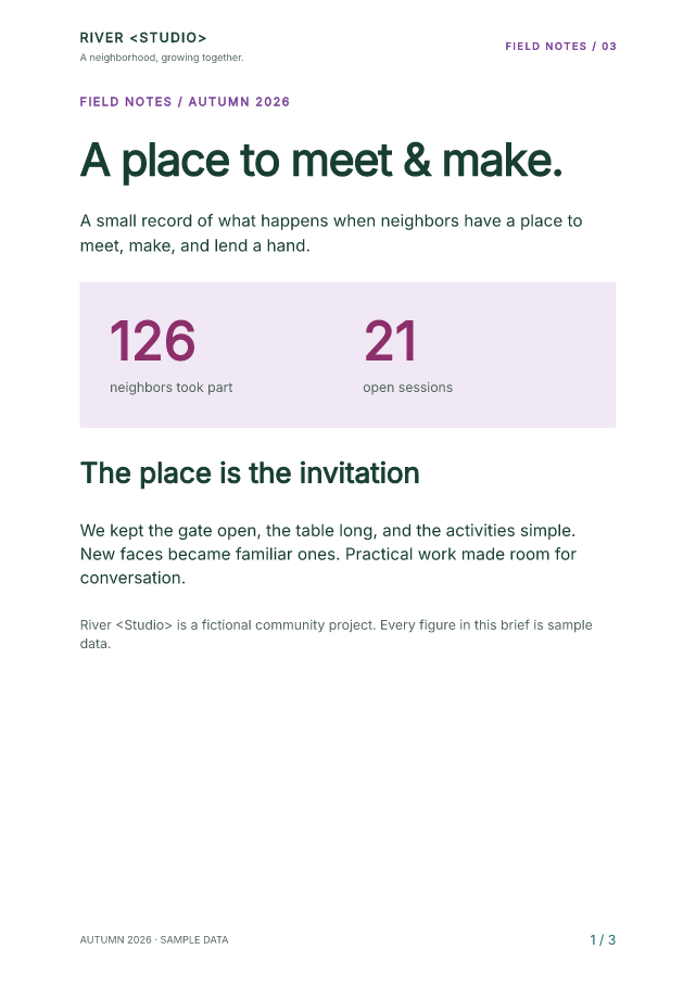 An edited report with smaller headings, violet labels and metric values, a lavender panel and a teal page number.